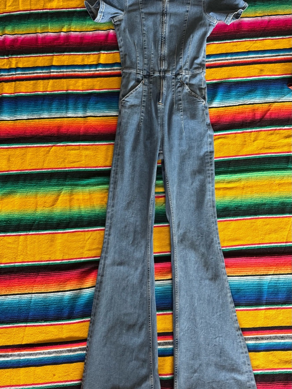 Free People Women's Light Blue Flared Denim Jumpsuit